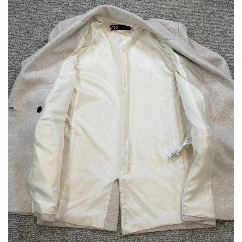 ZARA Cream Tweed Wool Blend Fitted Pea Steampunk Coat Size Small‎ EUC
